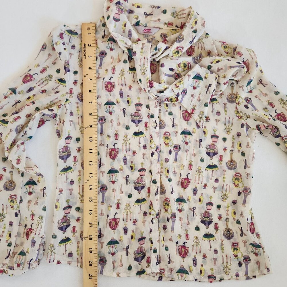 Subi Sheer Cream Printed Blouse Bow Feminine Coquette Pretty Romantic Girly Cute - Picture 11 of 11
